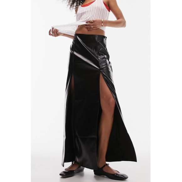 NEW TOPSHOP Black VINYL Double Slit FAUX LEATHER Rocker Chic MAXI SKIRT US 8 - Picture 15 of 16